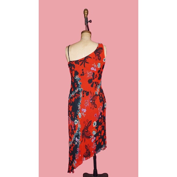 Y2K EVA BLUE Asymmetrical BUTTERFLY Floral Print Beaded Slip Dress. S-M. AS IS - Picture 3 of 10